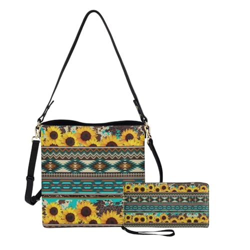 Dolyues 2er-Pack Beuteltasche + Geldbörse für Damen, Leder, Crossbody-Tasche, langer Stil, Geldbörse mit Gürtel, wasserdichte Handtaschen, Azteken-Sonnenblume von Dolyues
