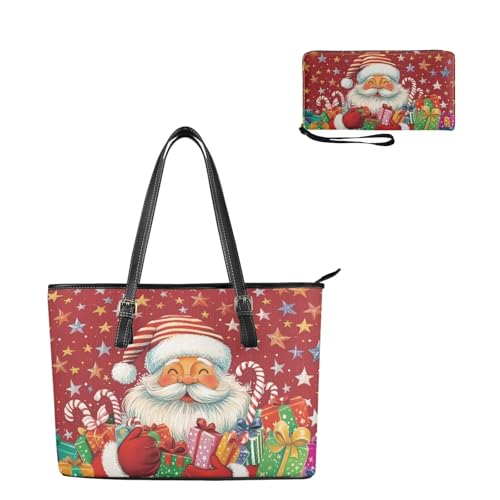 Dolyues 2er-Set Tragetaschen mit langer Geldbörse, 38,1 cm Tragetasche mit Reißverschluss, Geldbörse, PU-Leder, Handtaschen für Damen, Weihnachtsmann von Dolyues