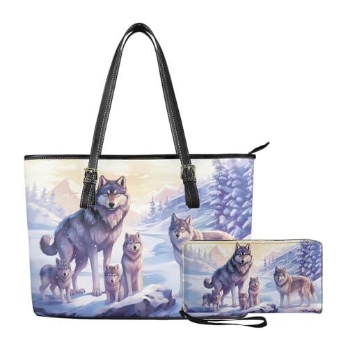 Dolyues 2er-Set Tragetaschen mit langer Geldbörse, 38,1 cm Tragetasche mit Reißverschluss, Geldbörse, PU-Leder, Handtaschen für Damen, wolf von Dolyues