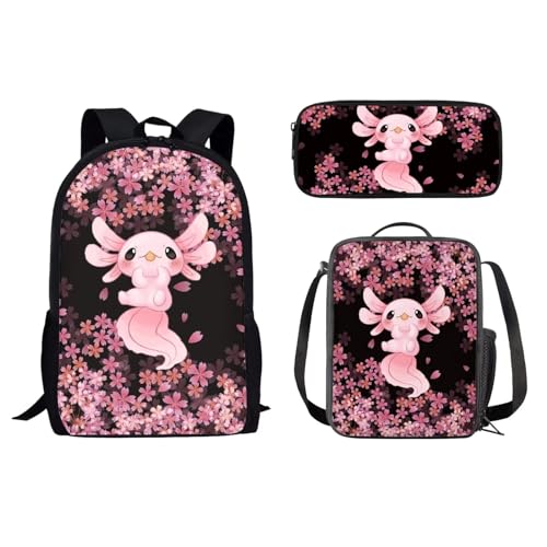 Dolyues 3-teiliges Rucksack-Set für Teenager, Mädchen, Grundschultasche mit Federmäppchen und Lunchtasche, Aoxlotl Kirschblüte von Dolyues