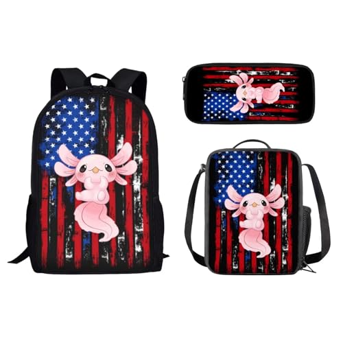 Dolyues 3-teiliges Rucksack-Set für Teenager, Mädchen, Grundschultasche mit Federmäppchen und Lunchtasche, Axolotl Amerikanische Flagge von Dolyues