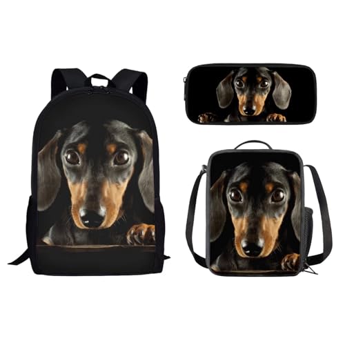 Dolyues 3-teiliges Rucksack-Set für Teenager, Mädchen, Grundschultasche mit Federmäppchen und Lunchtasche, Dackel-Schwarz von Dolyues