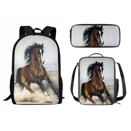 Dolyues 3-teiliges Rucksack-Set für Teenager, Mädchen, Grundschultasche mit Federmäppchen und Lunchtasche, Laufpferd von Dolyues