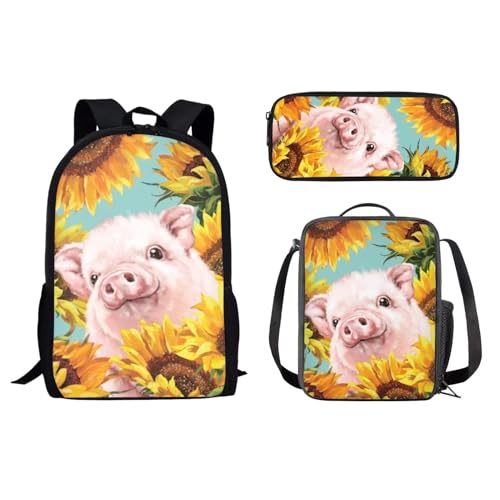 Dolyues 3-teiliges Rucksack-Set für Teenager, Mädchen, Grundschultasche mit Federmäppchen und Lunchtasche, Schweine-Sonnenblume von Dolyues