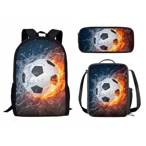 Dolyues 3-teiliges Rucksack-Set für Teenager, Mädchen, Grundschultasche mit Federmäppchen und Lunchtasche, Wasserfeuer-Fußball von Dolyues