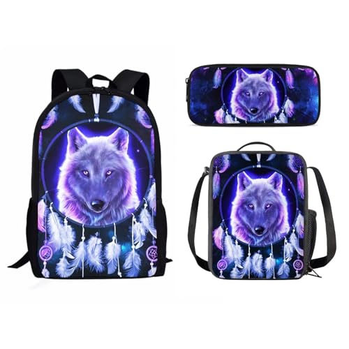 Dolyues 3-teiliges Rucksack-Set für Teenager, Mädchen, Grundschultasche mit Federmäppchen und Lunchtasche, Wolf Traumfänger, Violett von Dolyues