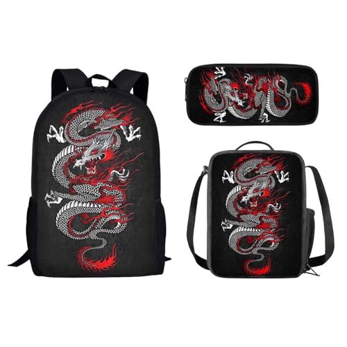 Dolyues 3-teiliges Rucksack-Set für Teenager, Mädchen, Grundschultasche mit Federmäppchen und Lunchtasche, drache von Dolyues