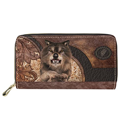 Dolyues 3D Animal Wolf Print Damen Geldbörse aus Pu-Leder mit Münzfach mit Reißverschluss, Geldbörse mit großer Kapazität und Mehreren Kartenfächern von Dolyues