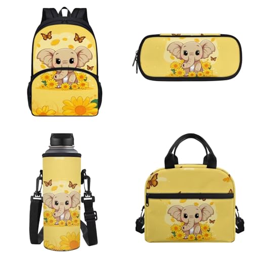 Dolyues 4-in-1 Schüler-Büchertasche für Kinder, Mädchen, Jungen, Schulrucksack für Grundschule, Elefant Schmetterling Sonnenblume gelb, Rucksack, Rucksäcke von Dolyues