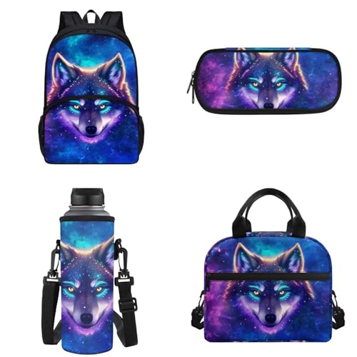 Dolyues 4-in-1 Schüler-Büchertasche für Kinder, Mädchen, Jungen, Schulrucksack für Grundschule, Galaxy Wolf-Blau, One size von Dolyues