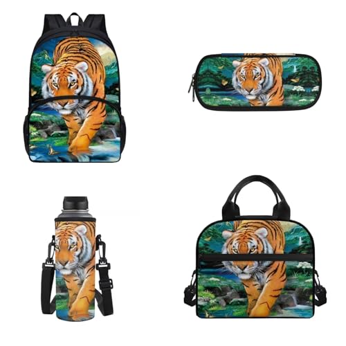 Dolyues 4-in-1 Schüler-Büchertasche für Kinder, Mädchen, Jungen, Schulrucksack für Grundschule, tiger, Rucksack, Rucksäcke von Dolyues