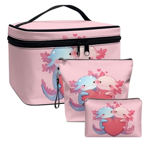 Dolyues Axolotl Kulturbeutel Große Kosmetiktasche Reise Make-up Taschen Organizer für Damen und Frauen schön Valentinstag Bags Rosa DREI Stück Set von Dolyues