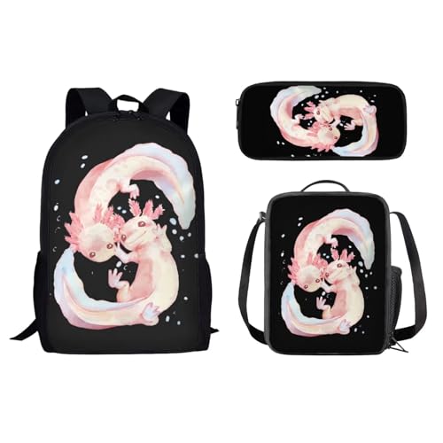 Dolyues Axolotl Schulrucksack-Set mit Lunchtasche und Federmäppchen für Kinder, Mädchen, Jungen, niedlicher Cartoon-Fischdruck, isolierte Lunchbox, 3-teiliges Set von Dolyues