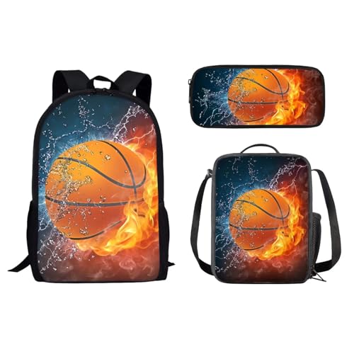 Dolyues Basketball-Rucksack für Kinder, Motiv: Wasserfeuer, 3 Stück, Grundschultasche, mit Lunchtasche und Federmäppchen, Grafik-Büchertasche von Dolyues