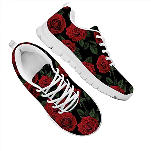 Dolyues Beiläufig Damen Niedriges Oberteil Mesh Sport Laufschuhe Leichte Atmungsaktive Flache Outdoor Sportliche Wanderschuhe mit roter Rose Blume Blumen von Dolyues