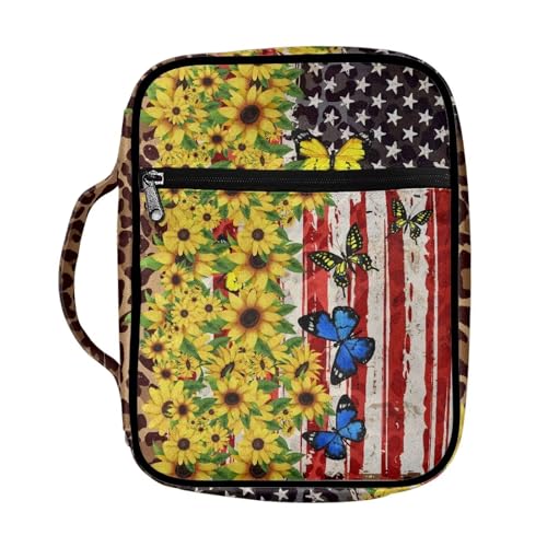 Dolyues Bibelhülle für Damen und Herren, Bibeltaschen, mit Griff, Bibelbuchhüllen, Kirchentasche, Bibelschutz, Sonnenblumen-Schmetterlinge mit amerikanischer Flagge von Dolyues