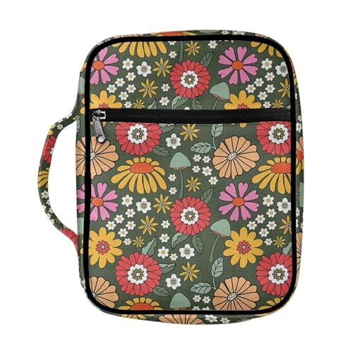 Dolyues Bibelhülle für Damen und Herren, tragbar, mit robustem Griff und Reißverschlusstaschen, Organizer, Kirchentasche, Hippie-Blumenmuster von Dolyues