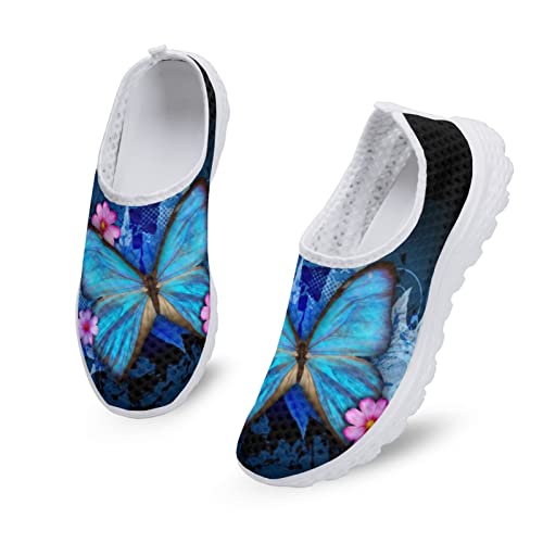 Dolyues Blue Butterfly Damen Sneakers Lässiger Laufsport Rutschfester Schuh, Splash Funky Navy Butterfly Damen Wanderschuhe No Slip Sneakers Tennisschuhe von Dolyues