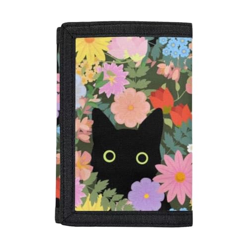 Dolyues Brieftaschen Jungen Geldbörse Kreditkarte Münzhalter Trifold Geldbörse für Teenager Kinder Kid, Schwarze Katze Blume von Dolyues