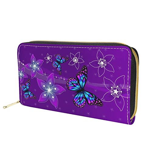 Dolyues Bright Purple Butterfly Print Damen Geldbörse Große Kapazität Kreditkartentaschen mit Münzfach Geldhalter Langer Pu-Leder-Reißverschluss von Dolyues
