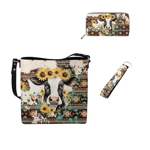 Dolyues Bucket Tote Bag for Women Ladies Wallets and Keychain Set 3 Pack Leather Handbags with Keyring Women Gift, Sonnenblumenkuh von Dolyues