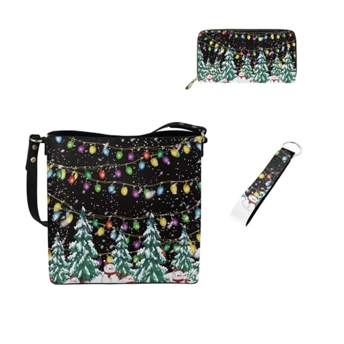 Dolyues Bucket Tote Bag for Women Ladies Wallets and Keychain Set 3 Pack Leather Handbags with Keyring Women Gift, Weihnachtsbeleuchtung von Dolyues