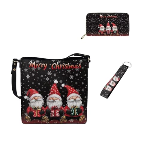 Dolyues Bucket Tote Bag for Women Ladies Wallets and Keychain Set 3 Pack Leather Handbags with Keyring Women Gift, Weihnachtselfen von Dolyues