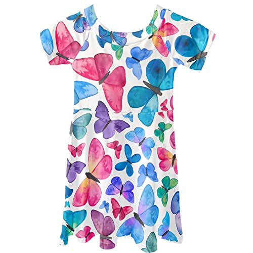 Dolyues Buntes Aquarell Schmetterlingsmuster Kurzarm Kleider für Kinder Mädchen Sommer Rundhals Alltag Kinderkleid von Dolyues