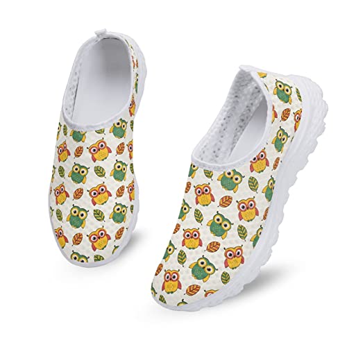 Dolyues Cartoon Gelb Grün Eulen Blätter Druck Frauen beiläufige Mesh Slip On Turnschuhe, atmungsaktive, Bequeme Sport Turnschuhe von Dolyues