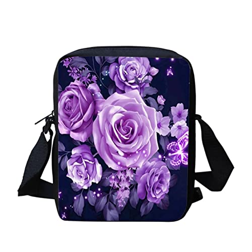 Dolyues Crossbody-Taschen für Erwachsene und Jugendliche, Messenger Bags Schultertasche Crossbody Taschen mit Reißverschlusstasche für Münzen Bargeld Geldbörse, Purple Rose von Dolyues