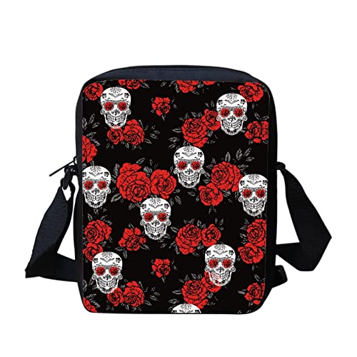 Dolyues Crossbody-Taschen für Erwachsene und Jugendliche, Messenger-Taschen, Schulter-Crossbody-Taschen mit Reißverschlusstasche für Münzgeld, Geldbörse, Rosen-Totenkopf-Muster von Dolyues