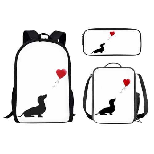 Dolyues Dackel-Schulrucksack, Jungen-Mädchen-Rucksack, Federmäppchen, Lunch-Taschenset, niedlicher Hund, Liebe, Ballon-Druck, Schultasche, 3-teilig von Dolyues