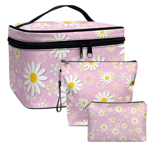 Dolyues Daisy Makeup Bag, Cosmetic Toiletry Storage Bags with Top Handle Travel Cosmetic Pouch, Flower Print Make up Box 3pcs Handbags Set for Women Gifts von Dolyues