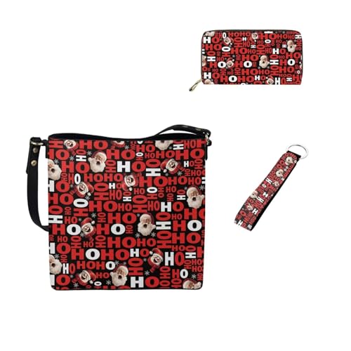 Dolyues Damen Eimertaschen-Set 3-in-1 Beuteltasche Crossbody Leder Geldbörse und Schlüsselanhänger für Frauen Wokr Tarvel, Weihnachten Hohoho von Dolyues