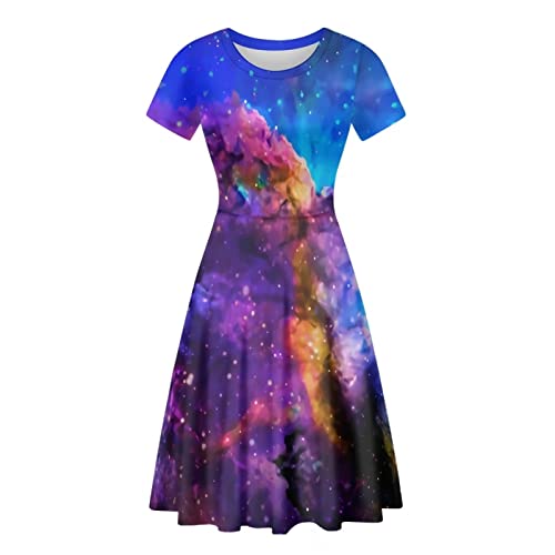 Dolyues Damen Freizeitkleid Kurzarm Strand Party Sommerkleid Übergröße Ausgestellte Midi Kleider, Lila Universum Space, XXX-Large von Dolyues