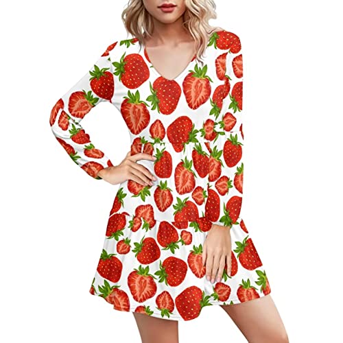 Dolyues Damen Freizeitkleid Party Shopping V-Ausschnitt Kleid Damen Langarm Kleider, Rote Erdbeere, XX-Large von Dolyues