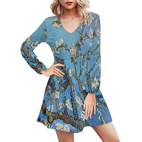 Dolyues Damen Freizeitkleid V-Ausschnitt Kleider Übergröße Kleid Dame Mädchen Flowy Sonnenkleid, S-4XL, Van Gogh Mandelblüte, L von Dolyues