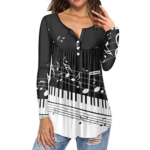 Dolyues Damen Langarm Tops Casual T-Shirts Bluse Tunika Tops Button Down Sweatshirts, Musiknotizen, M von Dolyues