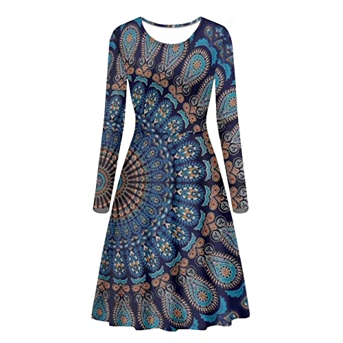 Dolyues Damen Neuheit Kleid Langarm Rundhalsausschnitt Kleider Übergröße Reise Resort Wear Casual Urlaub Outfits, Blaues Bohemian-Mandal, Medium von Dolyues