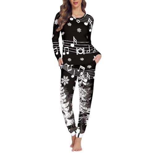 Dolyues Damen-Pyjama, langärmelig, weich, volle Länge, zweiteiliger Schlafanzug, XS-6XL, Musik Weihnachten-schwarz, 38 von Dolyues