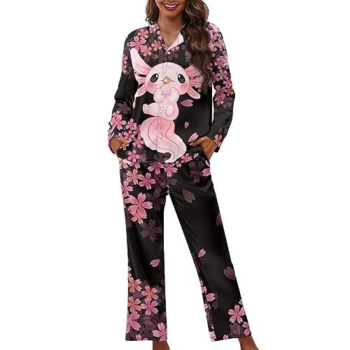 Dolyues Damen-Pyjama-Set, langärmeliges Hemd und durchgehende Hose mit Tasche für Frauen, Axolotl Kirschblüte, 32 von Dolyues