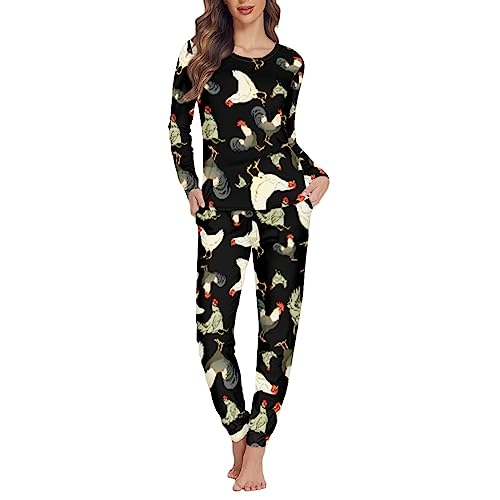 Dolyues Damen-Pyjama-Set, weich, gemütlich, Nachtwäsche, Pyjama für Frauen, Mädchen, Damen, langer Schlafanzug, Größe XS-6XL, Huhn-schwarz, 48 von Dolyues