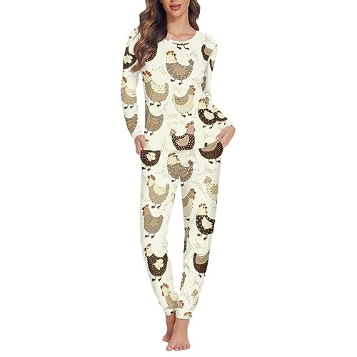 Dolyues Damen Pyjama-Sets, dünne Oberteile und Hosen, 2-teiliger Schlafanzug für Frauen, Teenager, Mädchen, lange Nachtwäsche, Cartoon Huhn, 32 von Dolyues