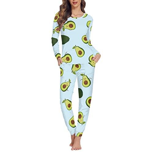 Dolyues Damen Pyjama Sets Damen Schlafanzug XS-6XL Weiche Lange Pyjamas mit Tasche Volle Länge Nachtwäsche, Cartoon Avocado, 36 von Dolyues