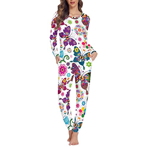 Dolyues Damen Pyjama Sets Damen Schlafanzug XS-6XL Weiche Lange Pyjamas mit Tasche Volle Länge Nachtwäsche, schmetterling, 48 von Dolyues