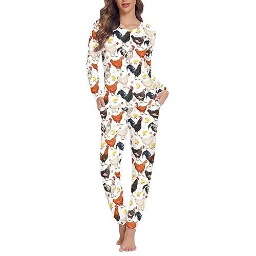 Dolyues Damen Schlafanzug Set Sof Langarm Pyjama Nachtwäsche Pjs Nachtwäsche mit Tasche für Damen, Cartoon Huhn, 42 von Dolyues