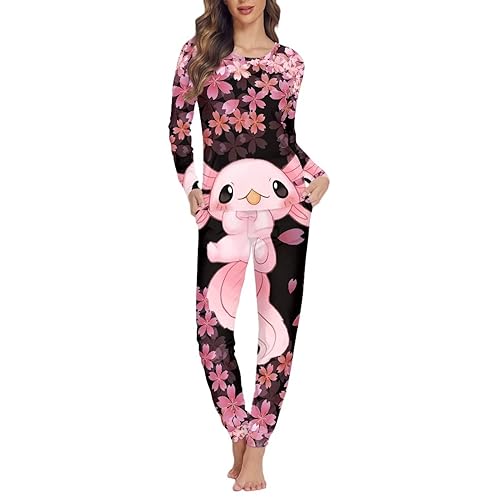 Dolyues Damen Schlafanzug Set Sof Langarm Pyjama Nachtwäsche Pjs Nachtwäsche mit Tasche für Damen, Rosa Axolotl Sakura Blume, 38 von Dolyues