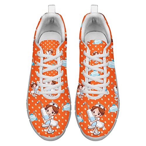 Dolyues Damen-Schnürschuhe mit süßem Cartoon-Krankenschwesterdruck, atmungsaktiv, leicht, Mesh, Sport, Laufen, Jogging, Turnschuhe (Orange) von Dolyues