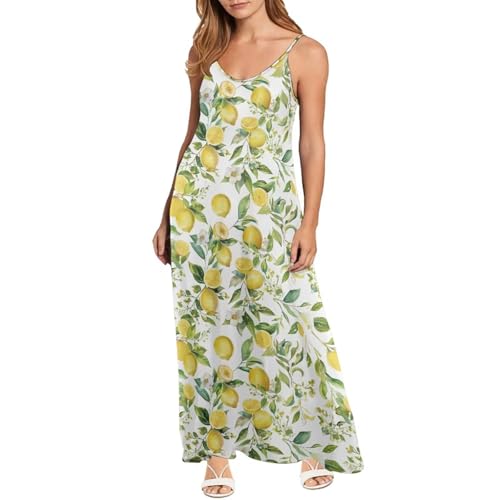Dolyues Damen Spaghettiträger Ärmelloses Langes Kleid mit Reißverschluss Casual Maxikleider Größe XS-4XL, Zitronen, 4XL von Dolyues