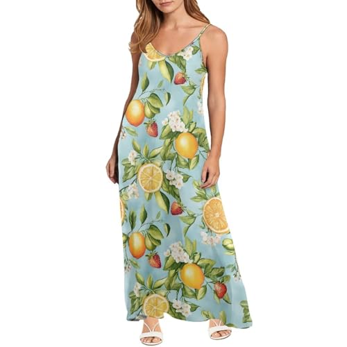 Dolyues Damen Spaghettiträger Ärmelloses Langes Kleid mit Reißverschluss Casual Maxikleider Größe XS-4XL, Zitronen-Erdbeere, 3XL von Dolyues